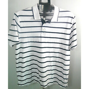 Perry Ellis Men's Large 1/4 Button Collare Shirt White and Navy Stripes